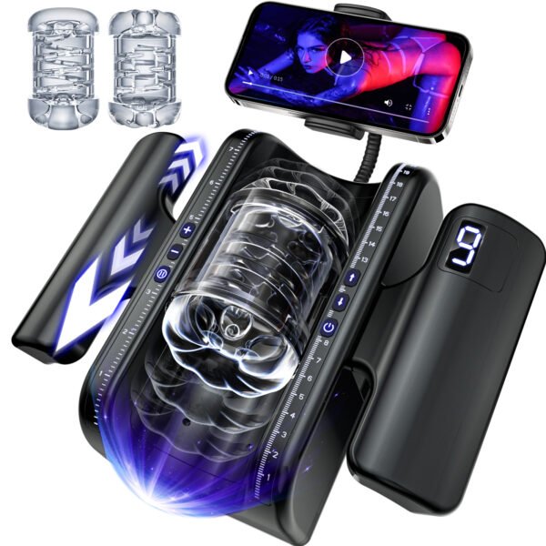 Male Masturbator Sex Toys for Men - Pocket Pussy Adult Toys with 7.8in Adjustable Thrusting Length & 9 Speeds, LCD Male Sex Toy Hands Free Masturbators with 2 Sleeves & Phone Stand Male Stroker